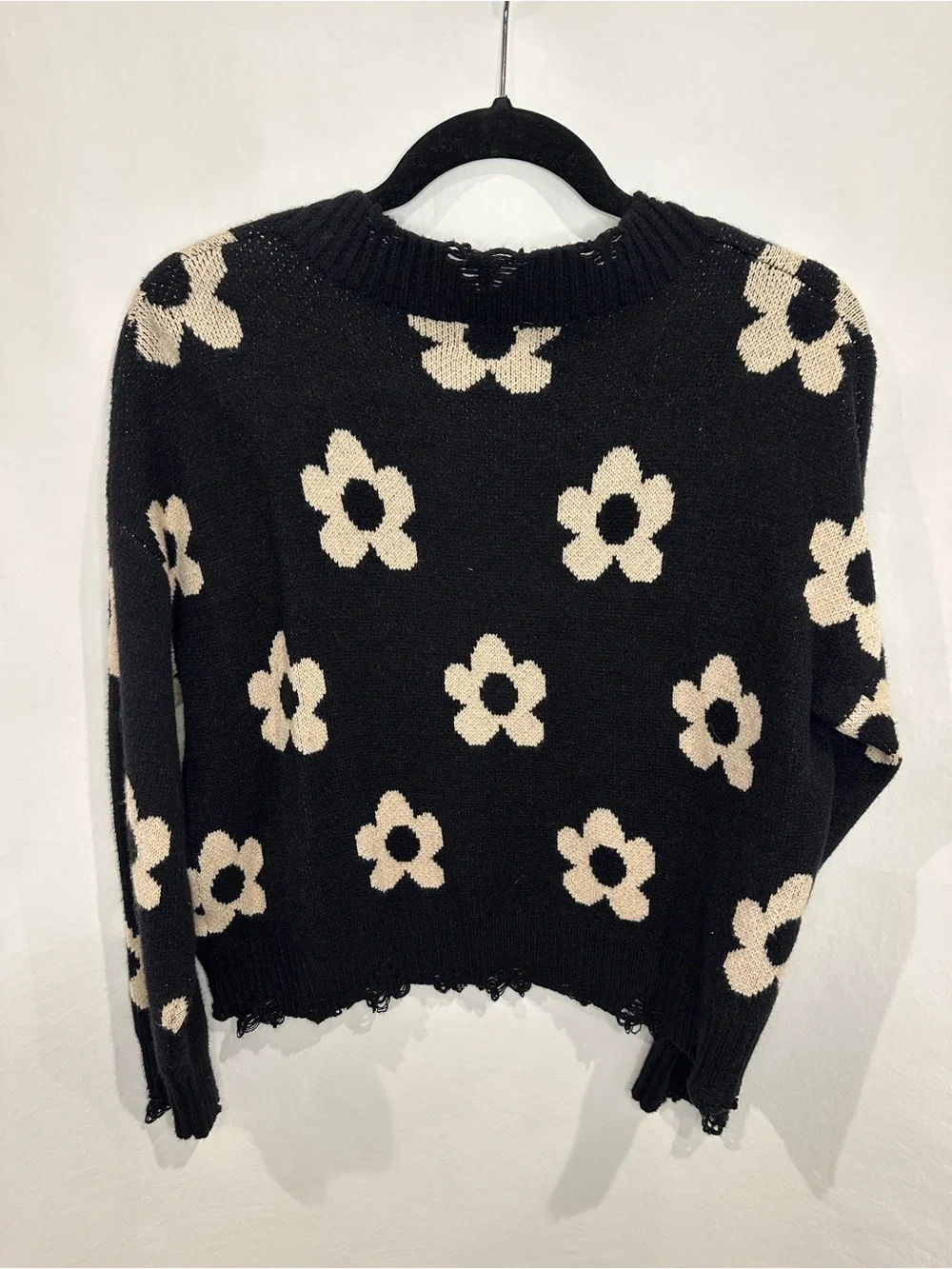 Altar'd State Black V-Neck Sweater with Cream Floral Motif
